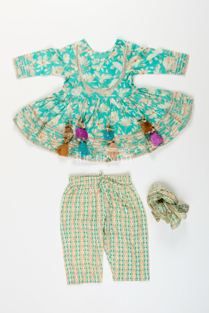 Girls cotton kurti set with floral block print and striped plazo