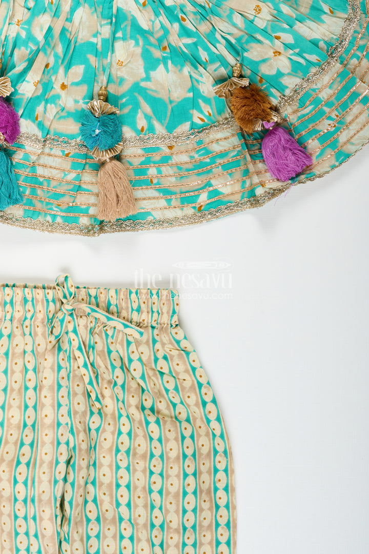 Girls cotton kurti set with floral block print and striped plazo