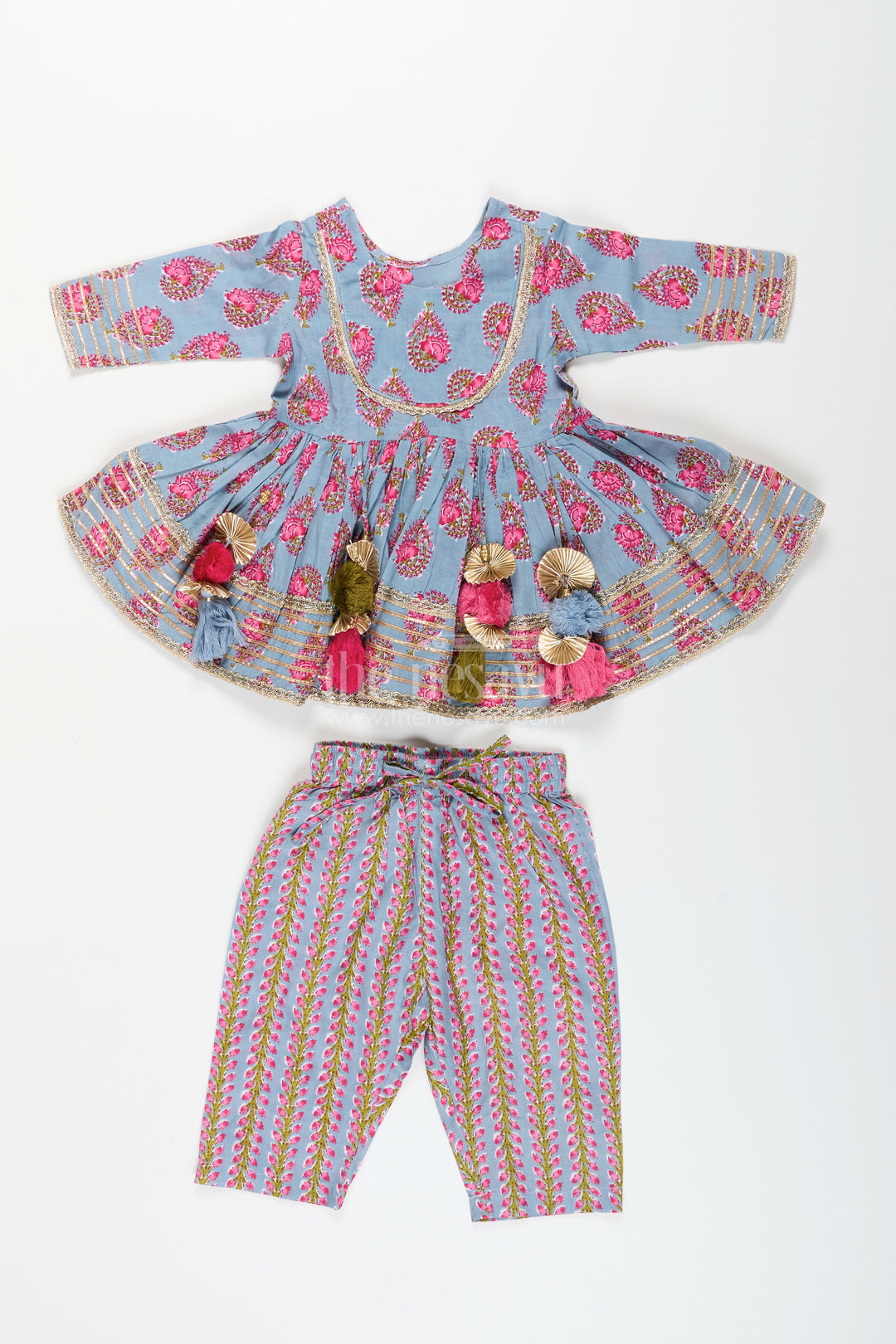 Girls cotton kurti set with floral block print and festive tassels