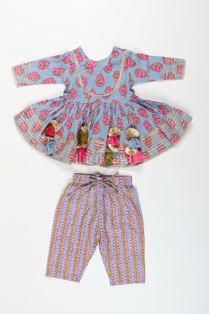 Girls cotton kurti set with floral block print and festive tassels