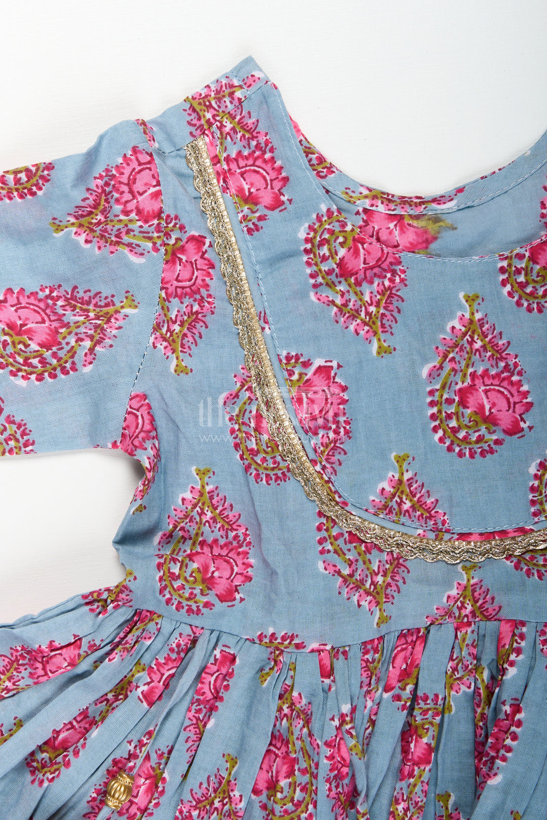 Girls cotton kurti set with floral block print and festive tassels