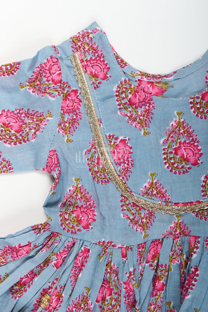 Girls cotton kurti set with floral block print and festive tassels