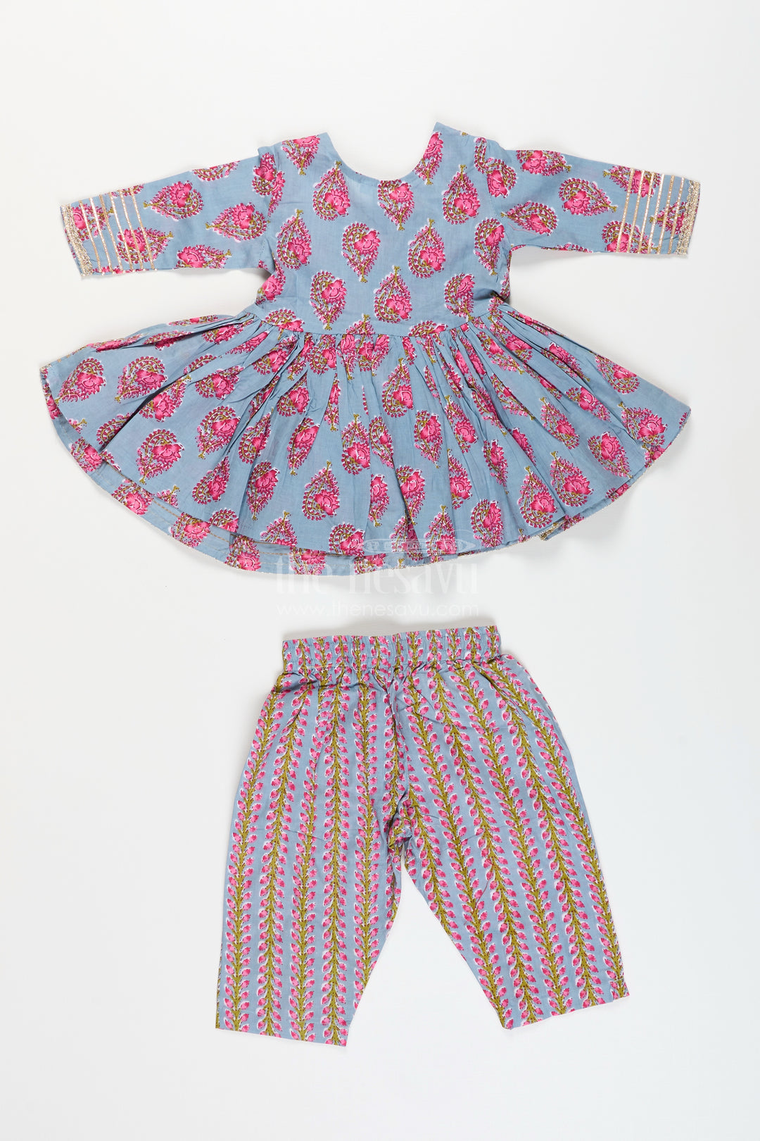 Girls cotton kurti set with floral block print and festive tassels