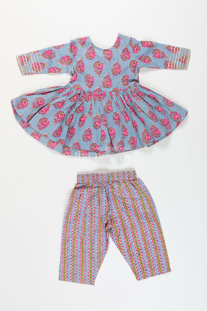 Girls cotton kurti set with floral block print and festive tassels