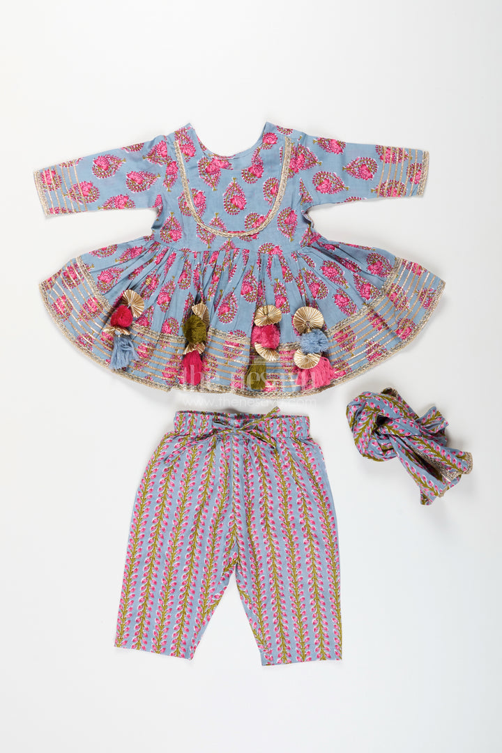 Girls cotton kurti set with floral block print and festive tassels