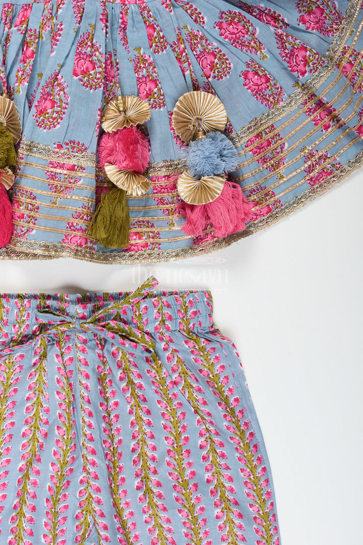 Girls cotton kurti set with floral block print and festive tassels