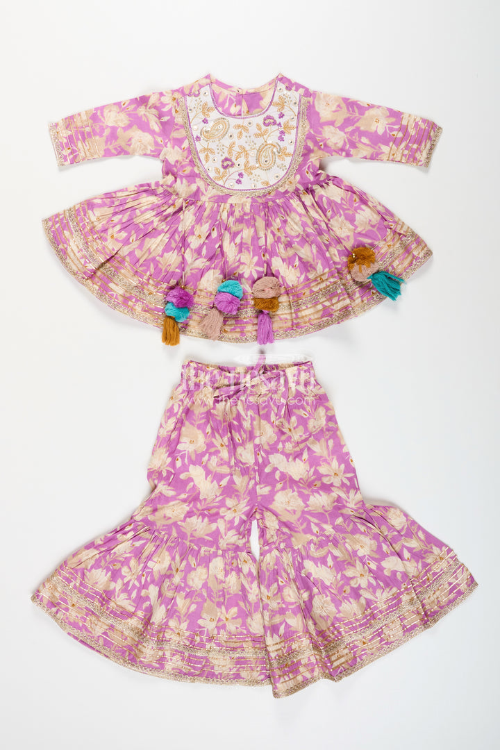 Girls floral sharara set with embellished neckline and gota lace