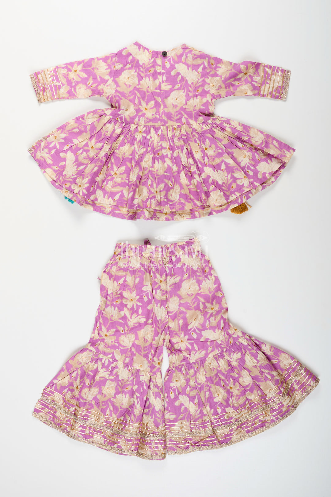 Girls floral sharara set with embellished neckline and gota lace