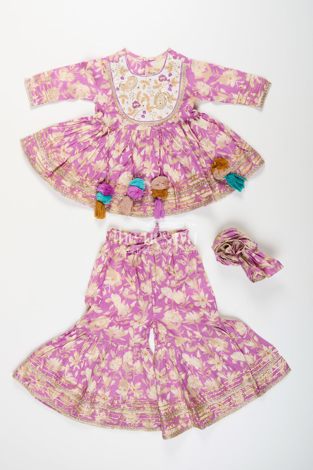 Girls floral sharara set with embellished neckline and gota lace