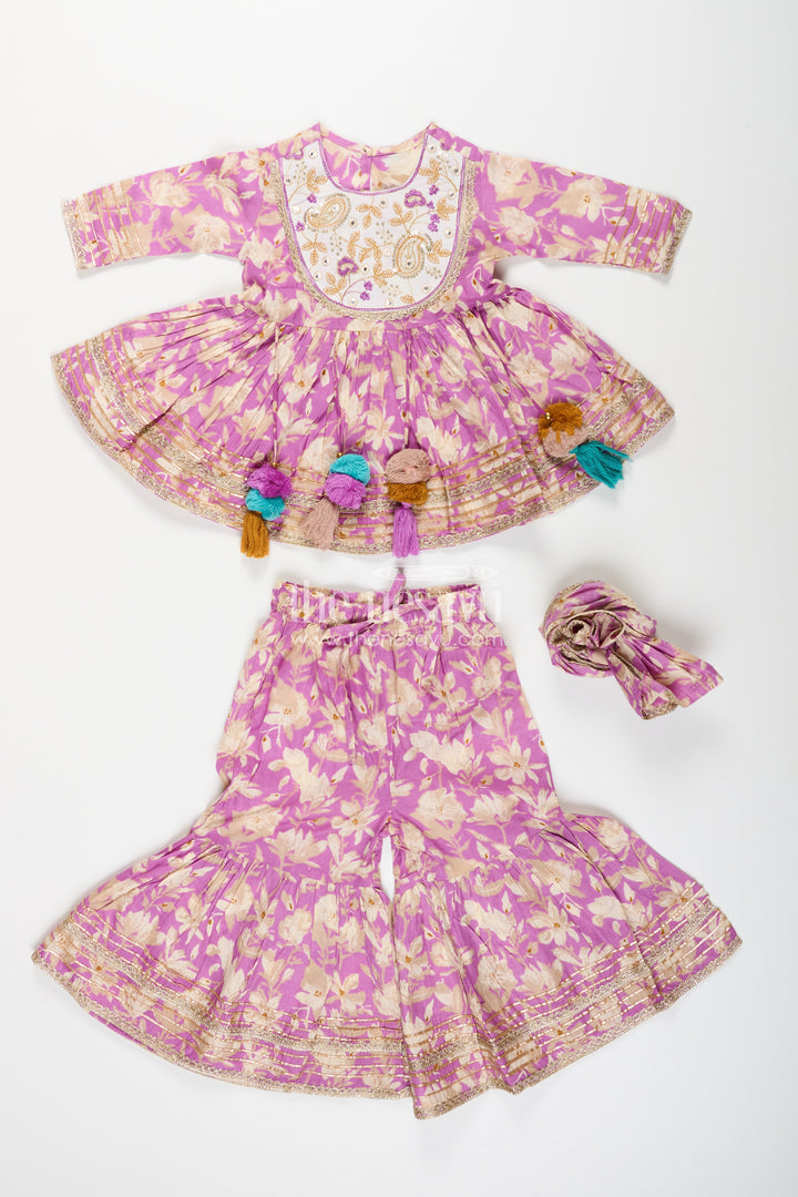 Girls floral sharara set with embellished neckline and gota lace