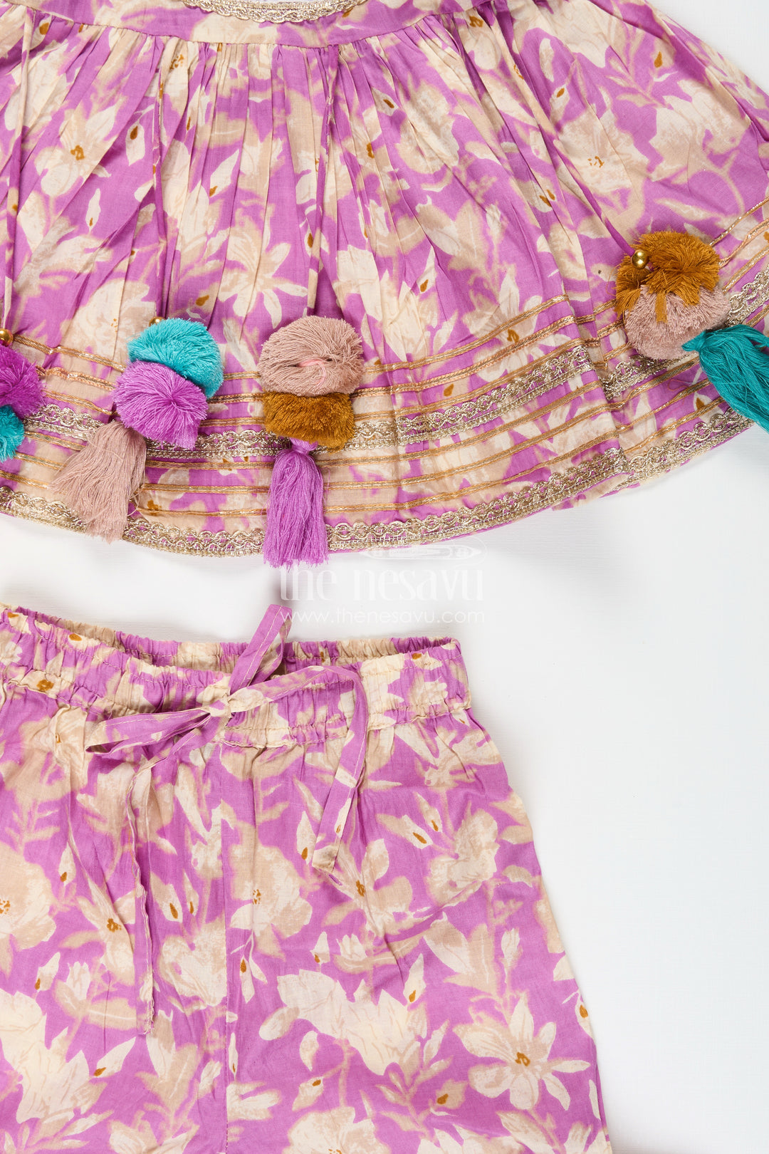 Girls floral sharara set with embellished neckline and gota lace