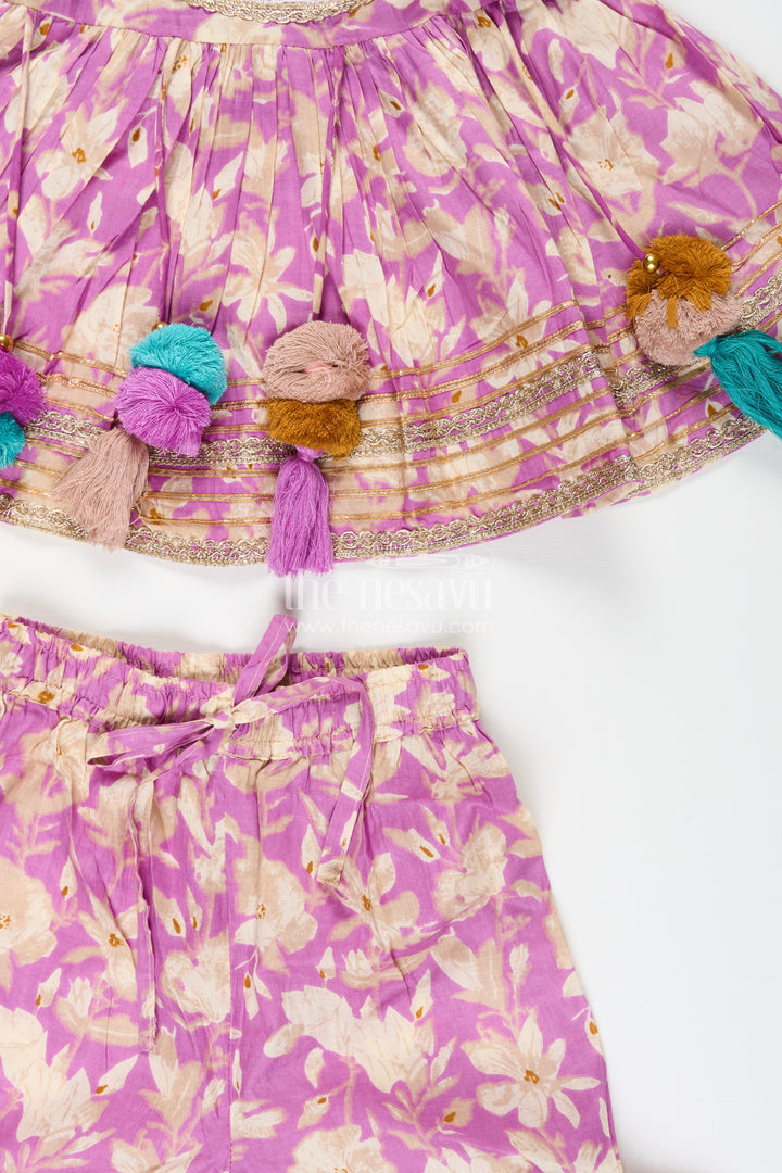 Girls floral sharara set with embellished neckline and gota lace