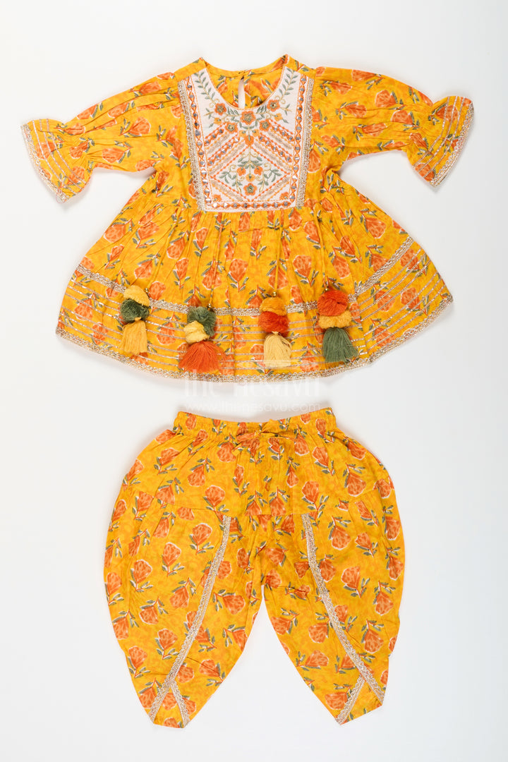 Girls cotton sharara set with floral yoke embroidery and tassels
