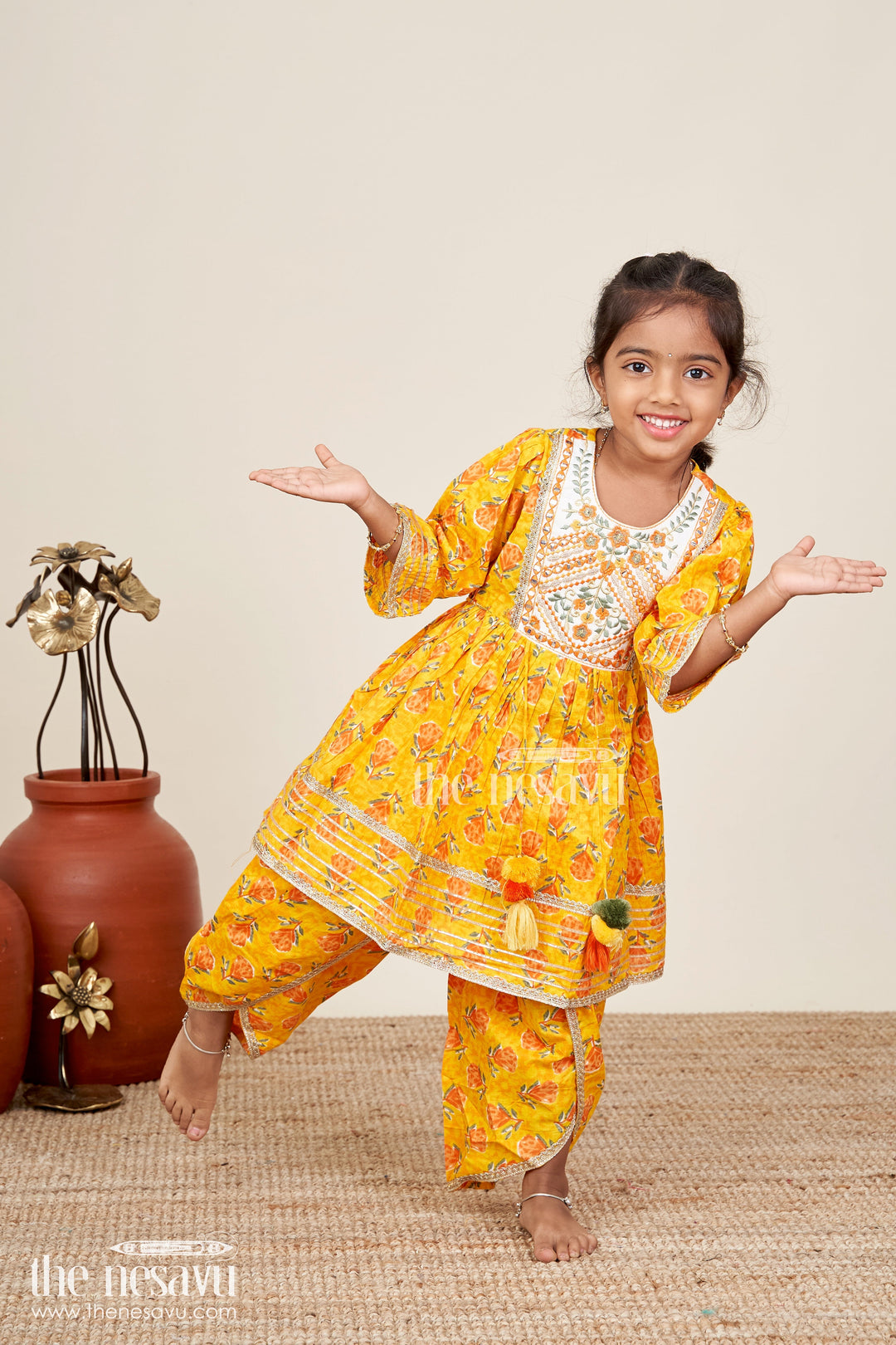 Girls cotton sharara set with floral yoke embroidery and tassels