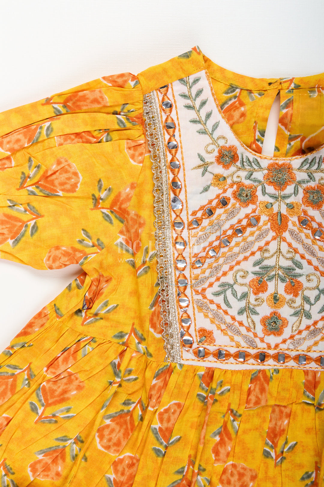 Girls cotton sharara set with floral yoke embroidery and tassels