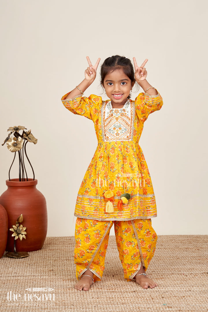 Girls cotton sharara set with floral yoke embroidery and tassels