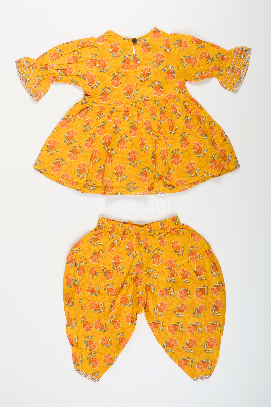 Girls cotton sharara set with floral yoke embroidery and tassels