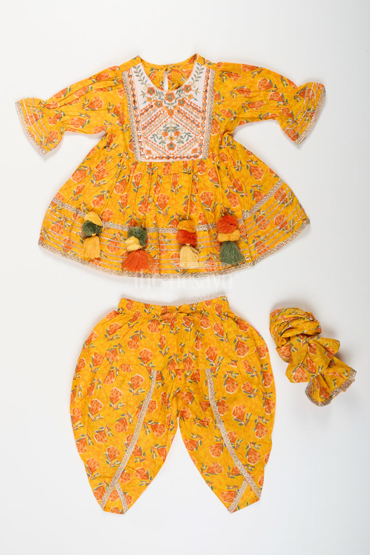 Girls cotton sharara set with floral yoke embroidery and tassels
