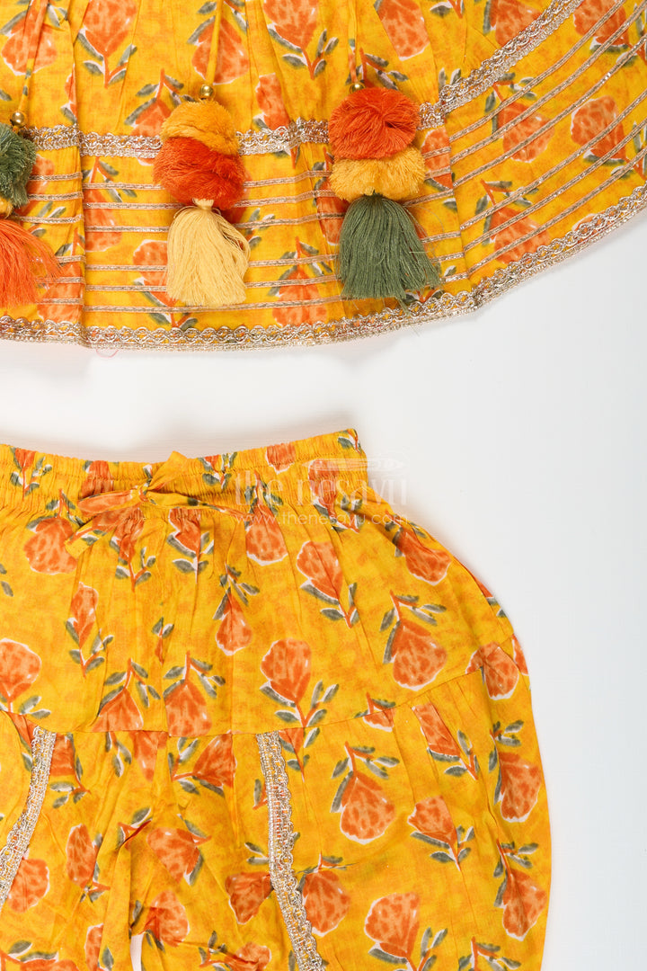Girls cotton sharara set with floral yoke embroidery and tassels