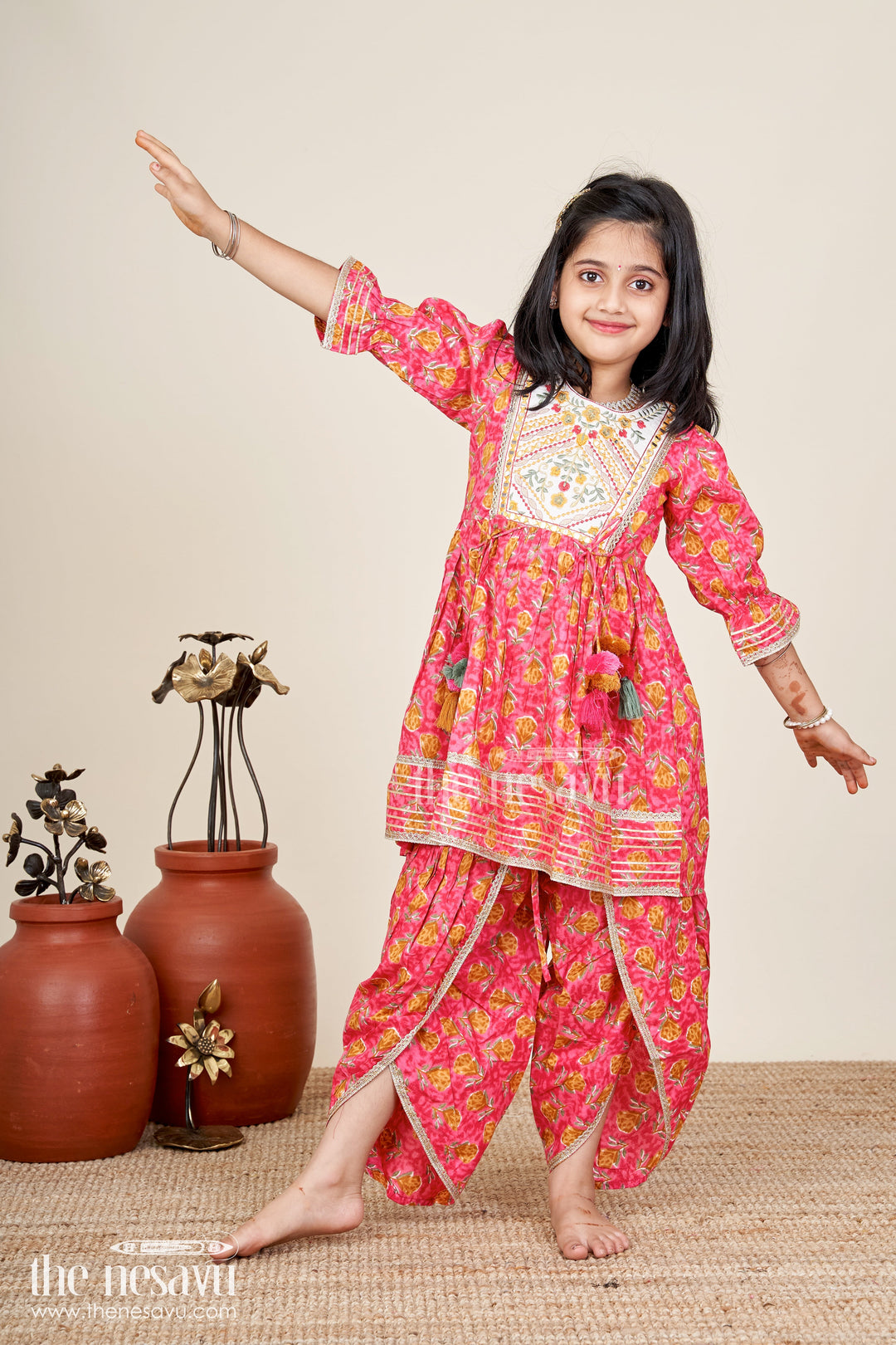 Girls ethnic sharara set with yoke embroidery and flared silhouette