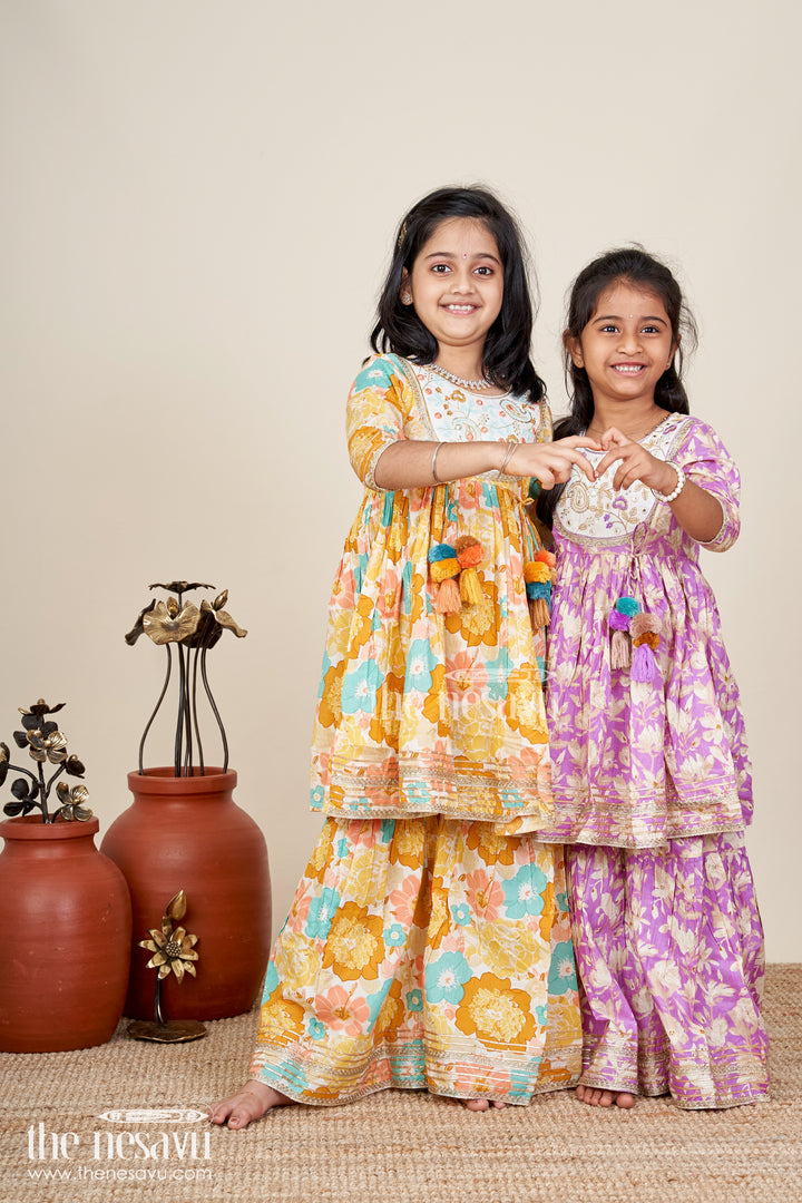 Girls yellow cotton sharara set with tassels and floral block print for ethnic days