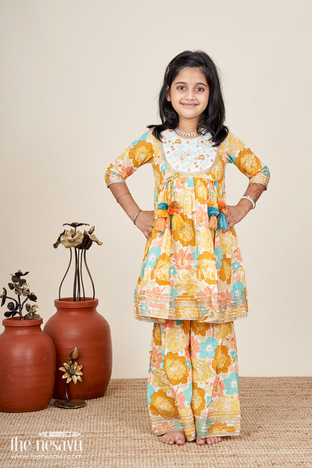 Girls yellow cotton sharara set with tassels and floral block print for ethnic days