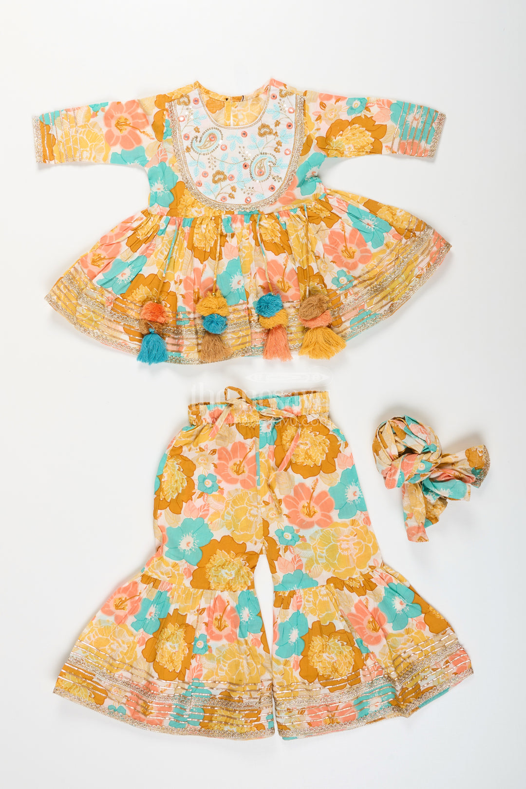 Girls yellow cotton sharara set with tassels and floral block print for ethnic days