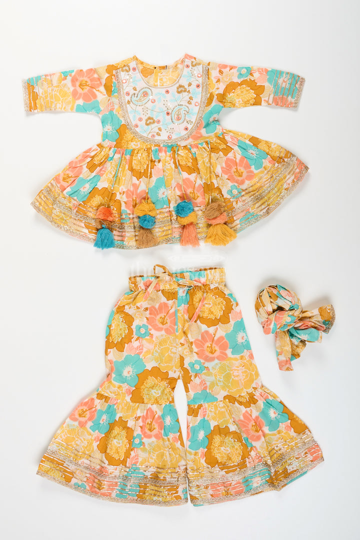 Girls yellow cotton sharara set with tassels and floral block print for ethnic days