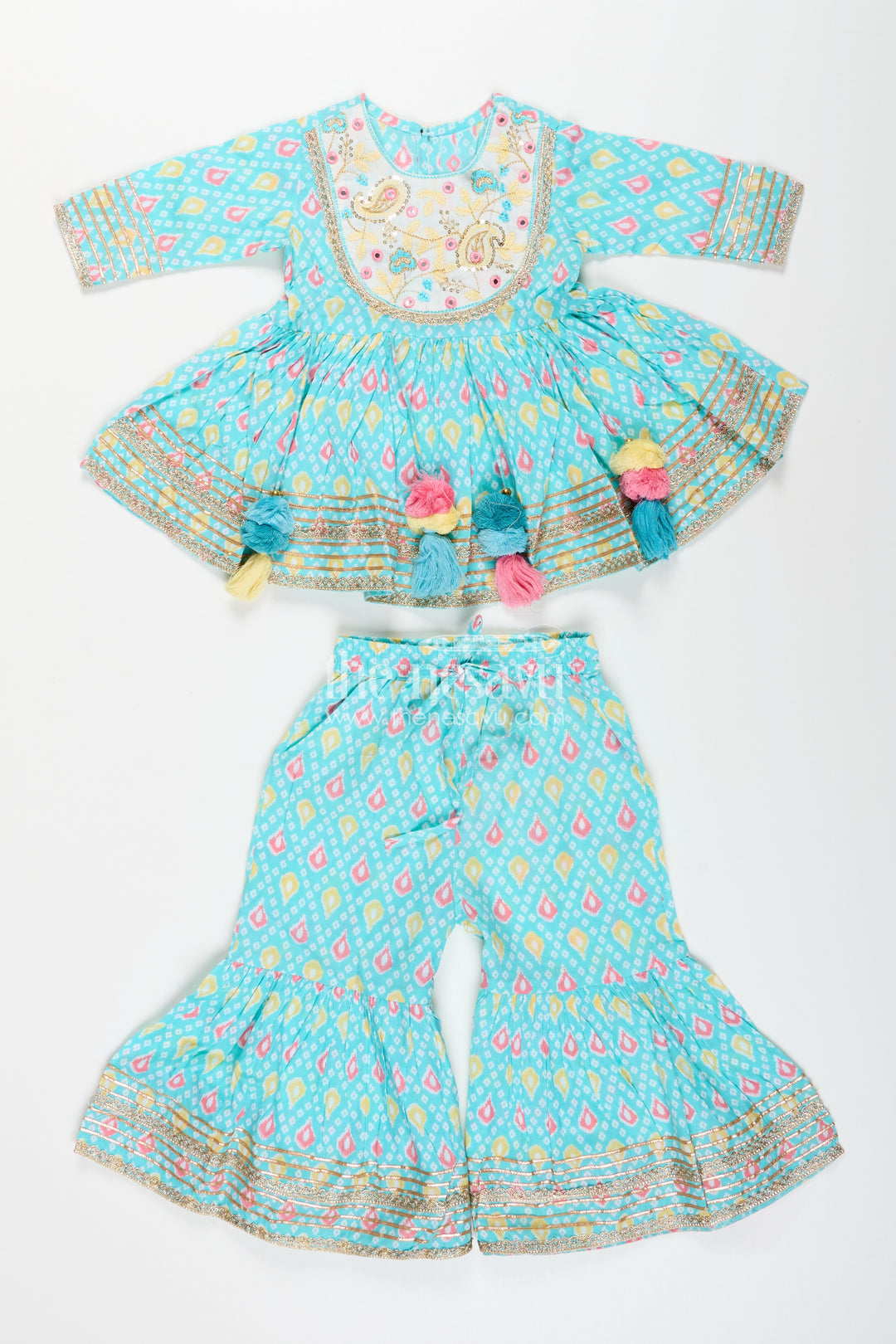 Girls blue cotton sharara set with tassels and embroidery  festive ethnic outfit