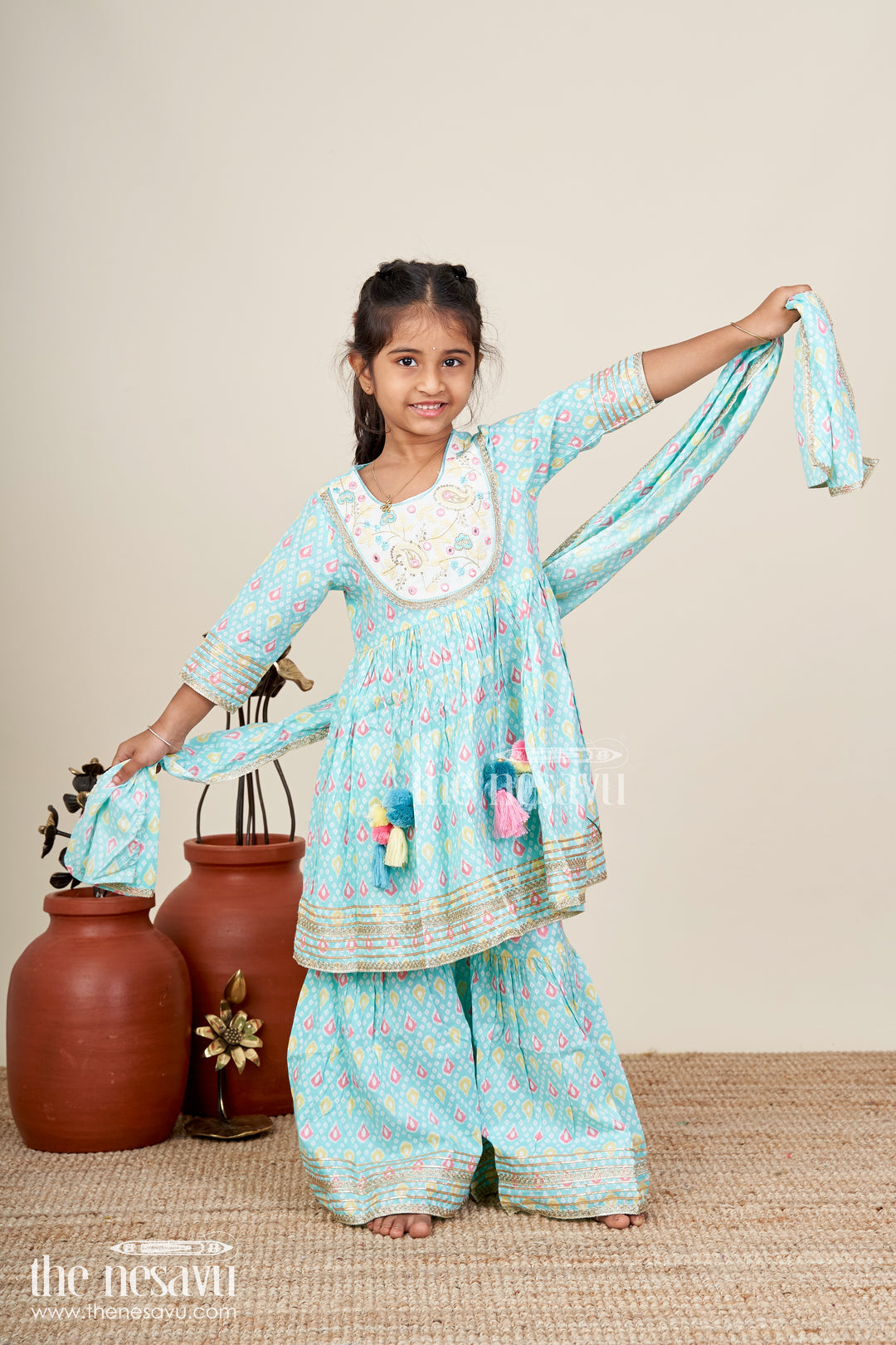 Girls blue cotton sharara set with tassels and embroidery  festive ethnic outfit