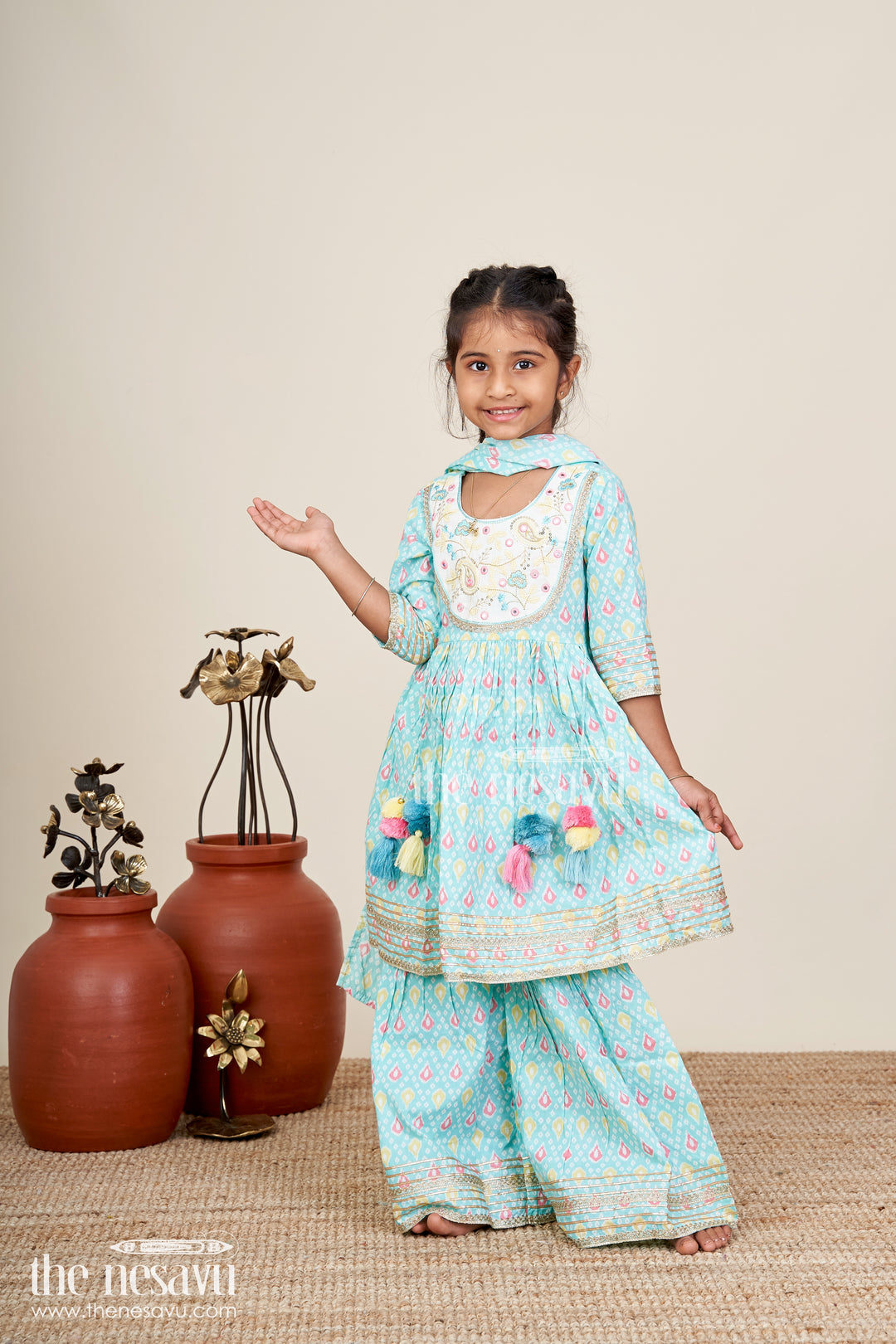 Girls blue cotton sharara set with tassels and embroidery  festive ethnic outfit
