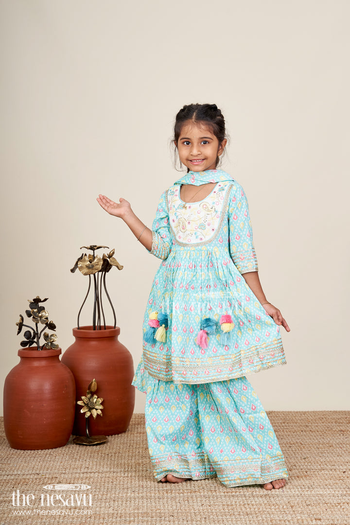 Girls blue cotton sharara set with tassels and embroidery  festive ethnic outfit