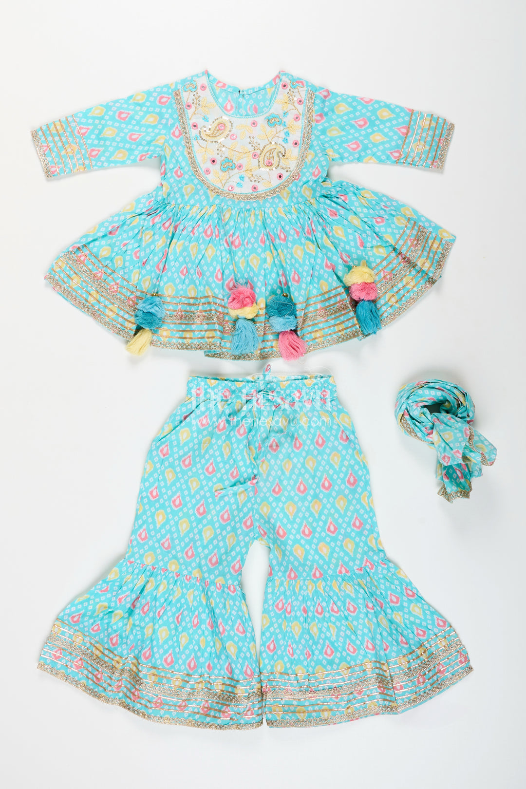 Girls blue cotton sharara set with tassels and embroidery  festive ethnic outfit