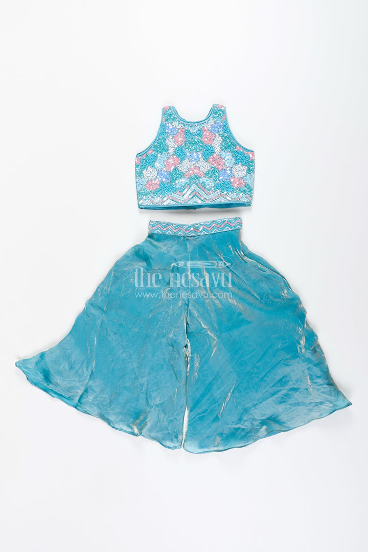 Girls blue sharara set with floral embroidered top for festive occasions