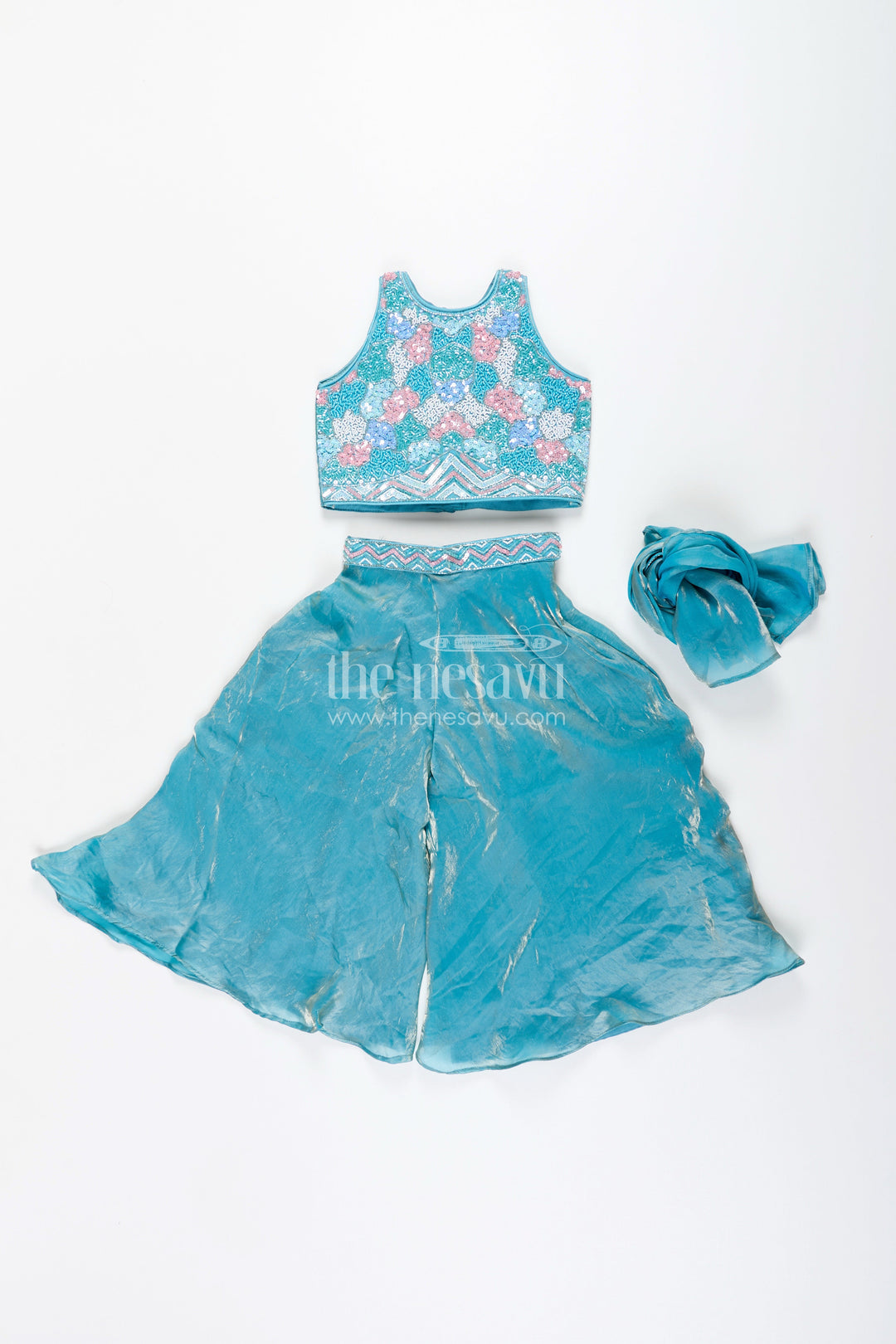 Girls blue sharara set with floral embroidered top for festive occasions