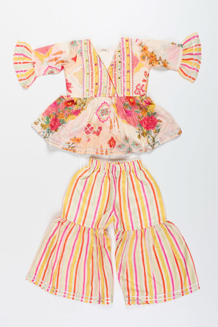 Girls cream sharara set with floral top for ethnic parties and photoshoots