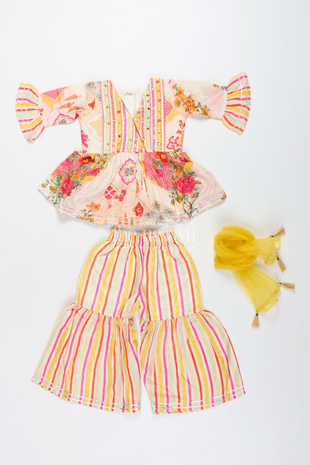 Girls cream sharara set with floral top for ethnic parties and photoshoots