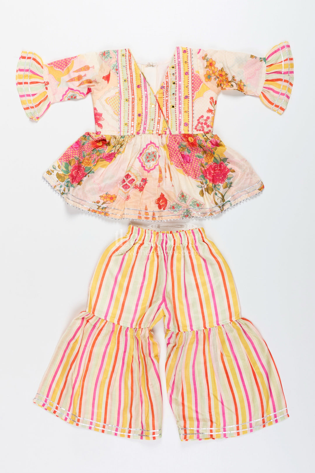 Girls cream sharara set with floral top for ethnic parties and photoshoots