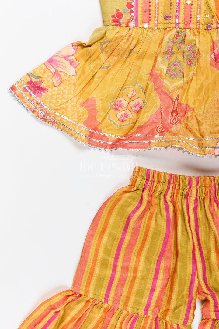 Girls yellow sharara set with ethnic floral print for festive functions