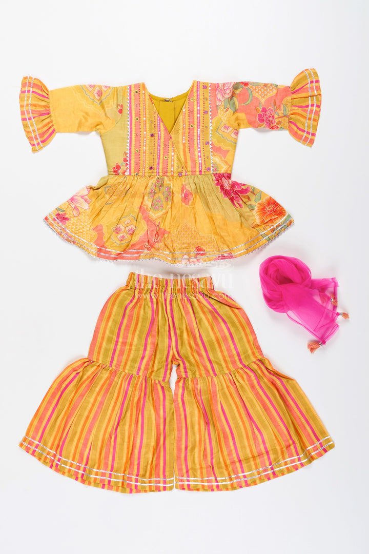 Girls yellow sharara set with ethnic floral print for festive functions