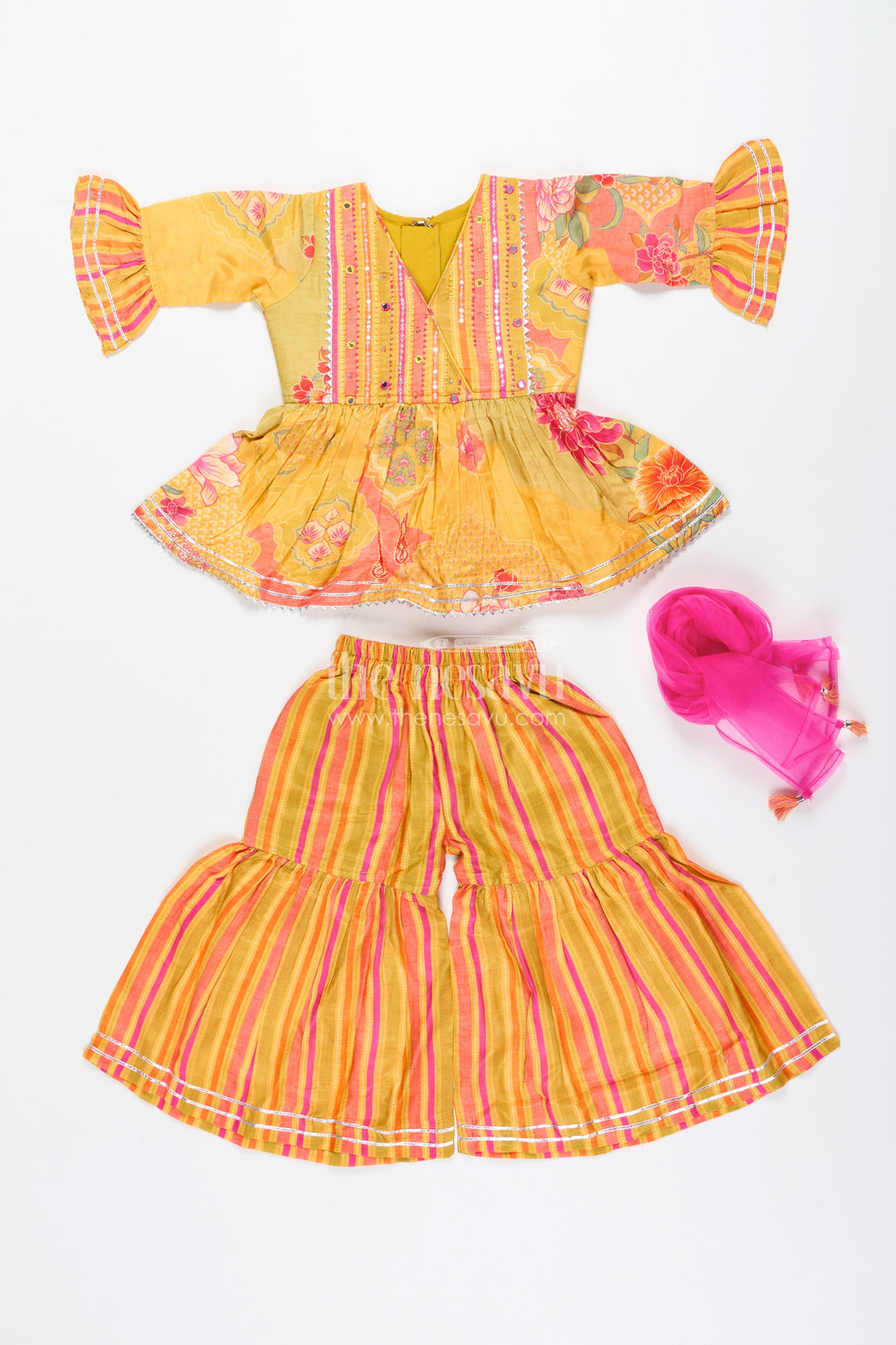 Girls yellow sharara set with ethnic floral print for festive functions