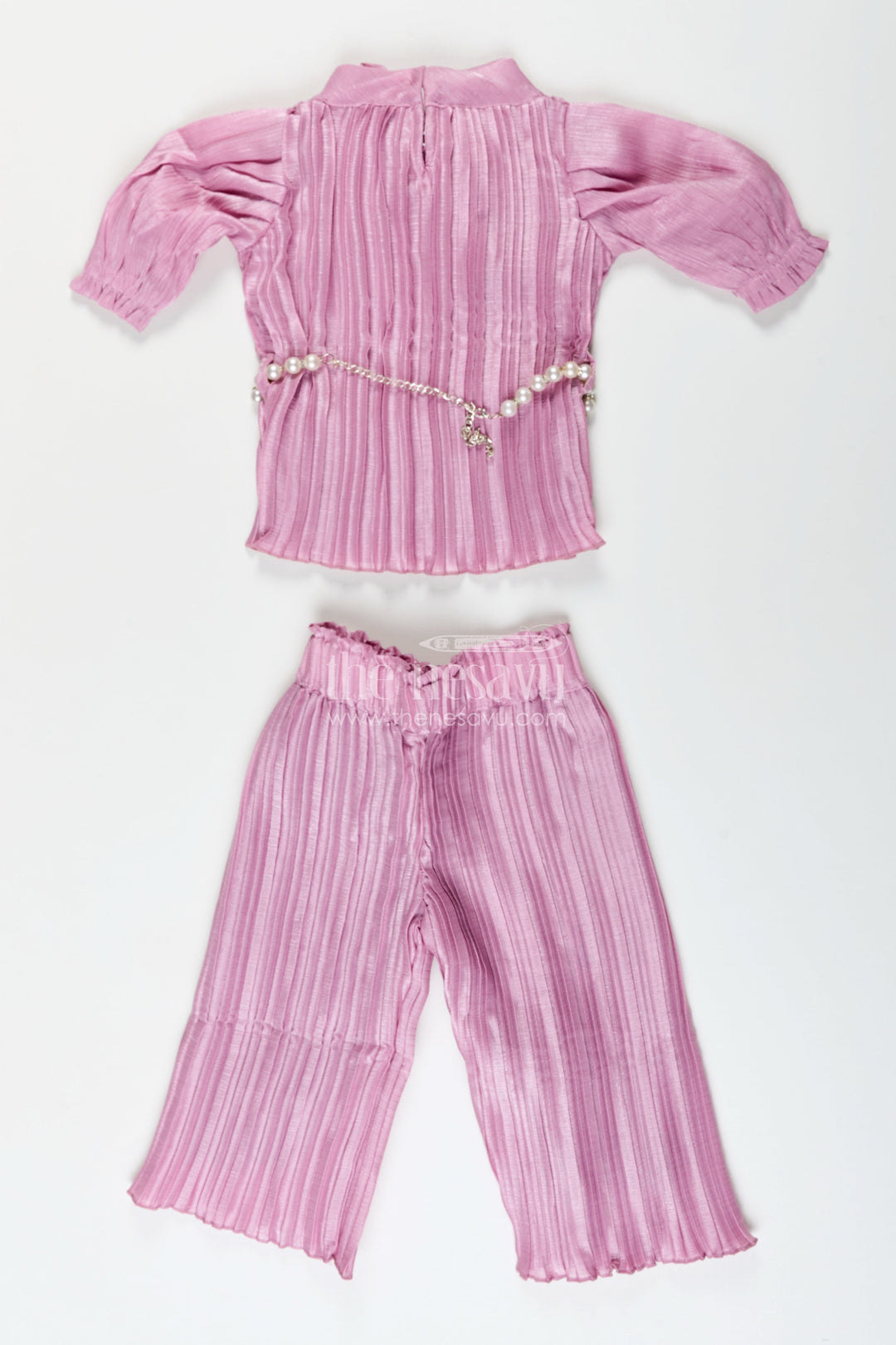 Girls pleated georgette co-ord set with puff sleeve top and pants festive-ready casual wear
