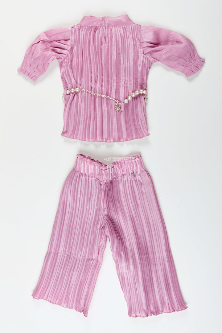 Girls pleated georgette co-ord set with puff sleeve top and pants festive-ready casual wear