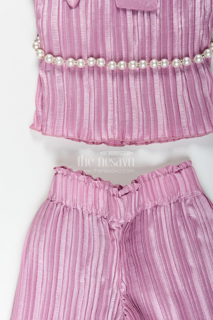 Girls pleated georgette co-ord set with puff sleeve top and pants festive-ready casual wear