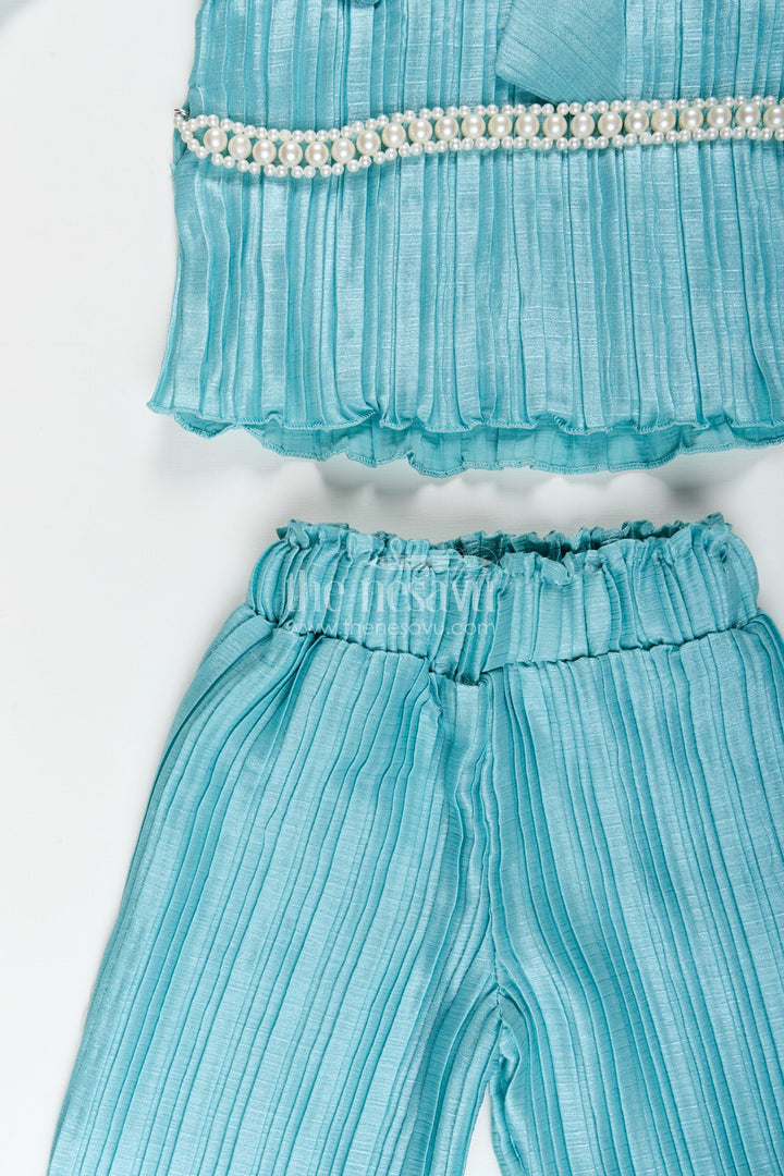 Trendy pleated georgette co-ord set for girls with crop top and wide-leg pants