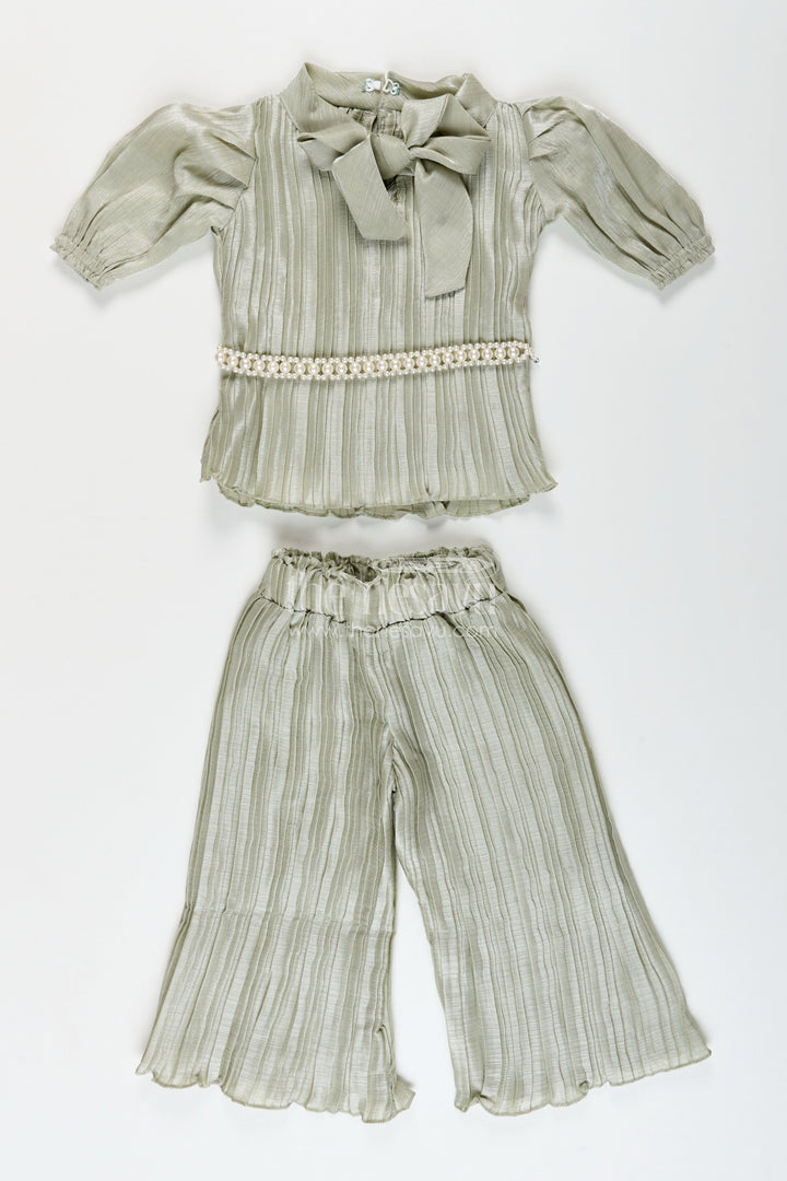 Elegant girls pleated georgette co-ord set with flared pants and stylish top