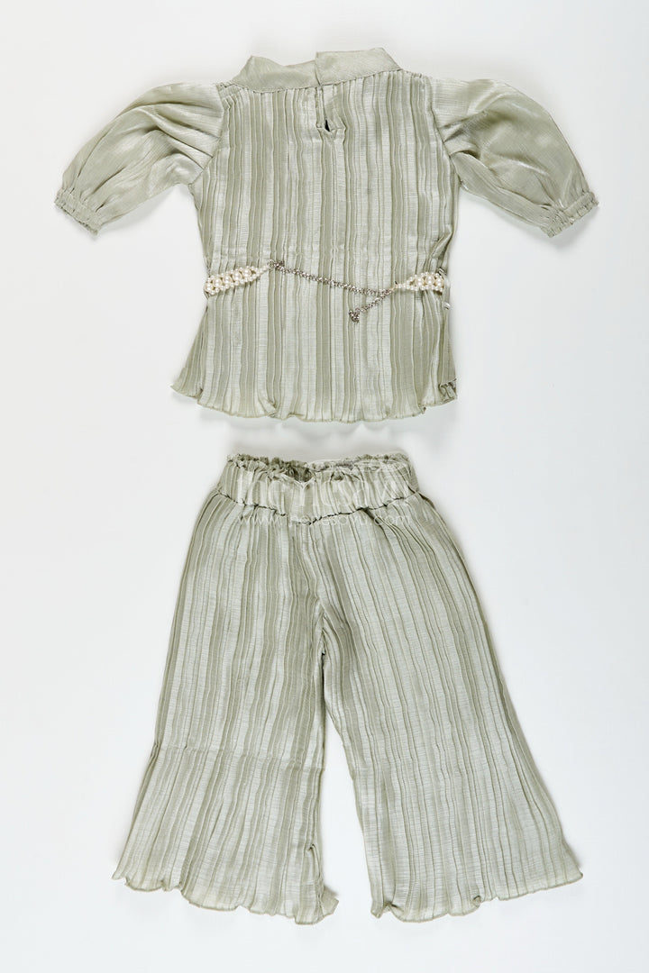 Elegant girls pleated georgette co-ord set with flared pants and stylish top