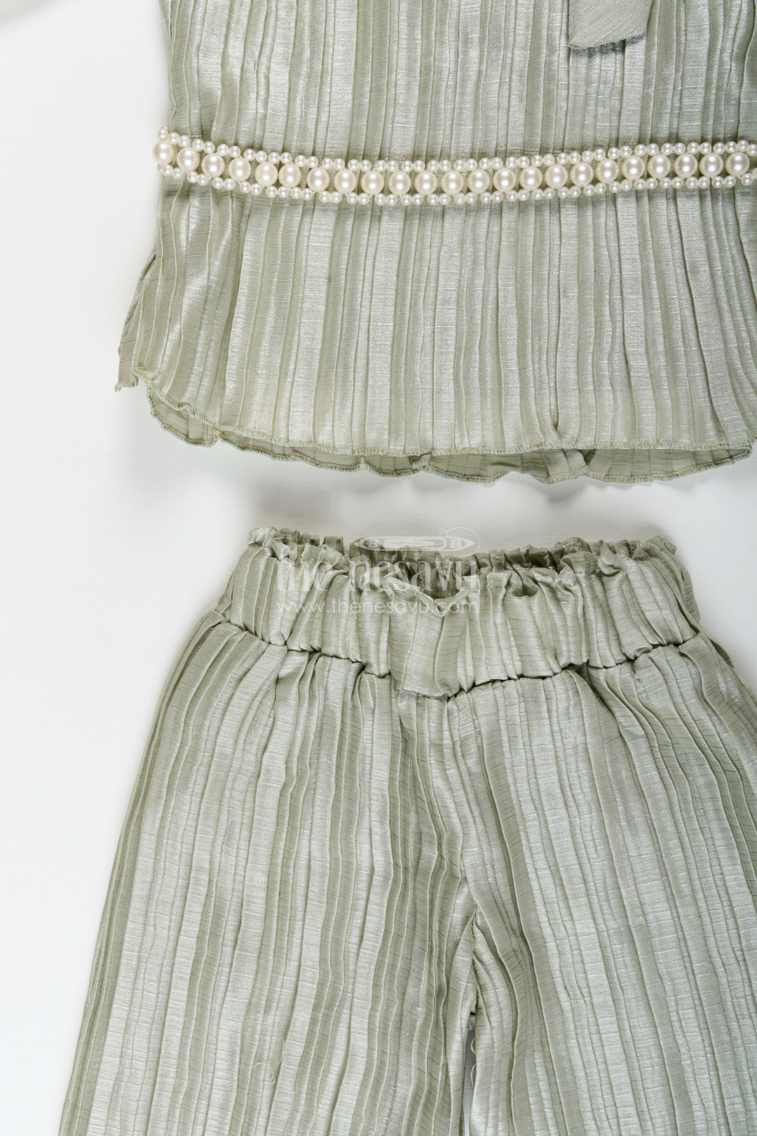 Elegant girls pleated georgette co-ord set with flared pants and stylish top