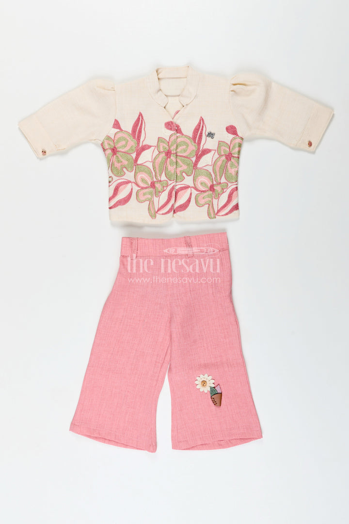 Elegant girls embroidered cotton casual set with playful pant and top combo