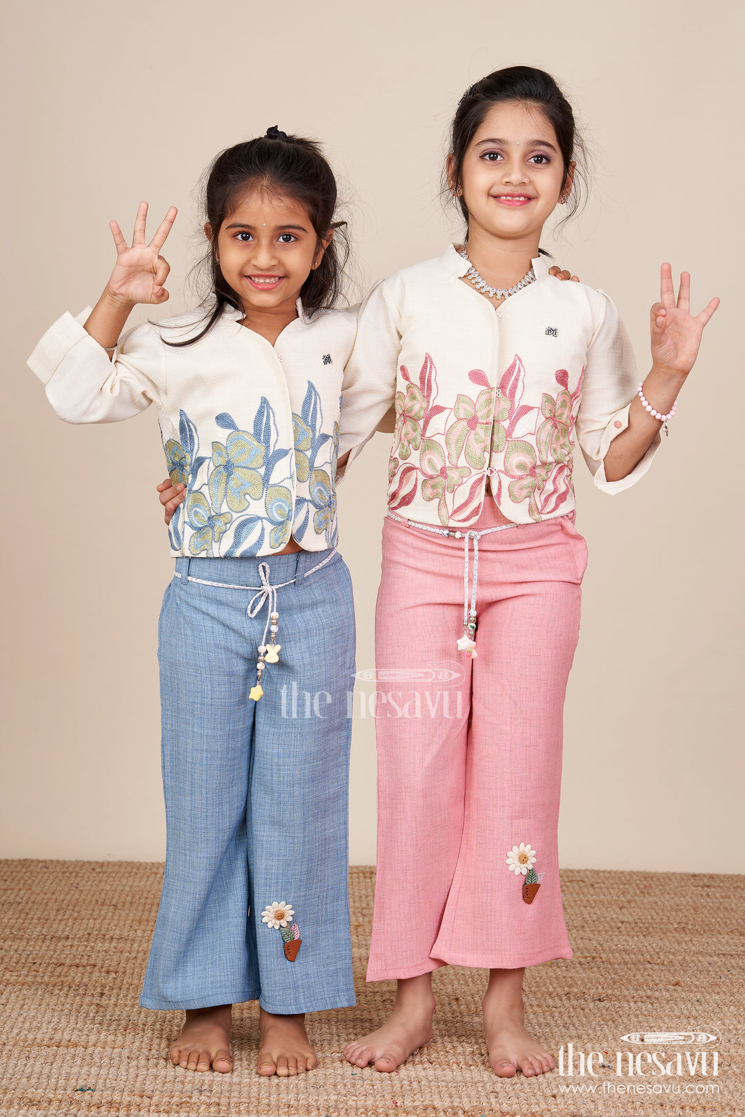 Elegant girls embroidered cotton casual set with playful pant and top combo